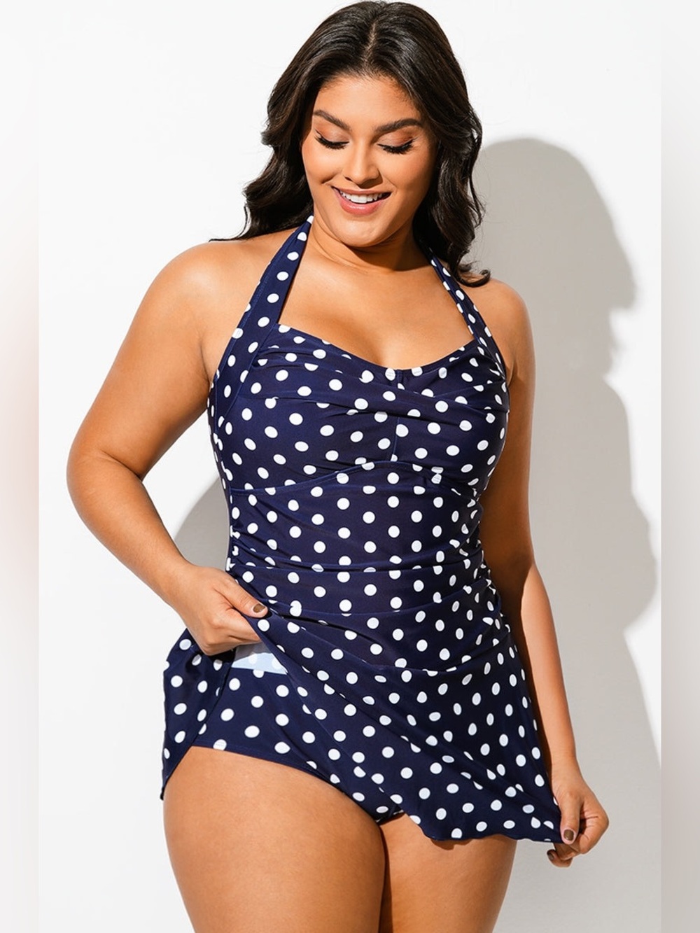 Navy Halter Sweetheart Polka Dot Sexy Swimdress - Picture 3 of 5